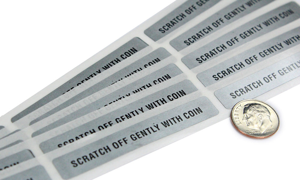 Silver 0.375" x 2.5" PIN w/ Text Rectangle Scratch Off Sticker Labels - EMAIL INFO@MYSCRATCHOFFS.COM TO ORDER