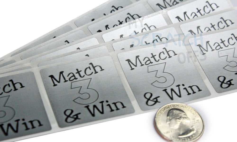 Silver 1.5" Square Scratch Off Sticker Labels 'Match 3 & Win' Text - My Scratch Offs