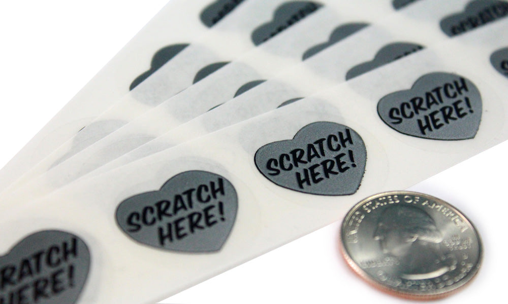 Silver 1” Heart Scratch Off Sticker Labels with "Scratch Here"