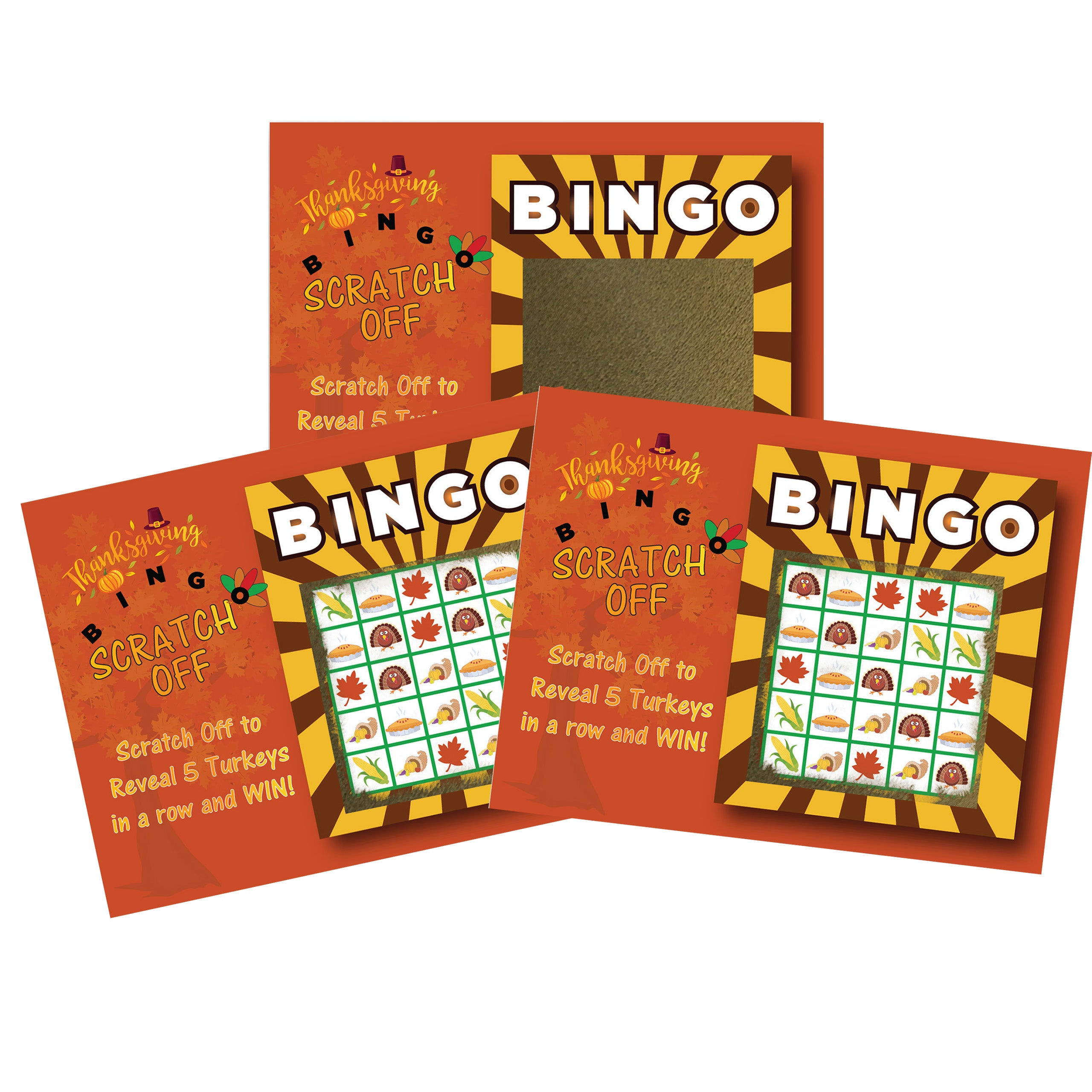 Thanksgiving Bingo Reveal 5 Turkeys Scratch Off Game 26 Pack - 2 Bingo and 24 Non-Bingo Cards