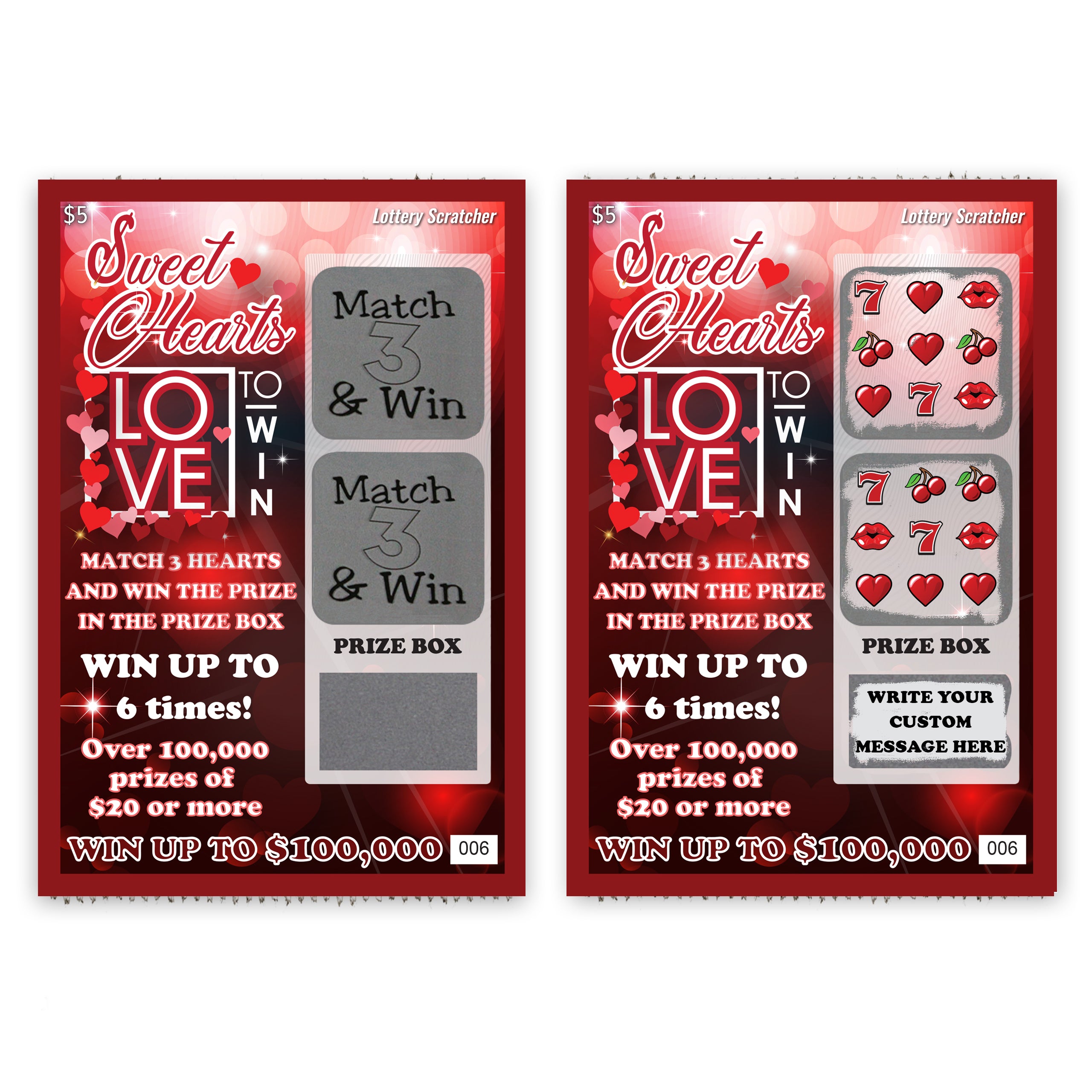 CUSTOM Holiday Valentine's Day Sweethearts Love to Win Lotto Replica Scratch Off Card 4" x 6"