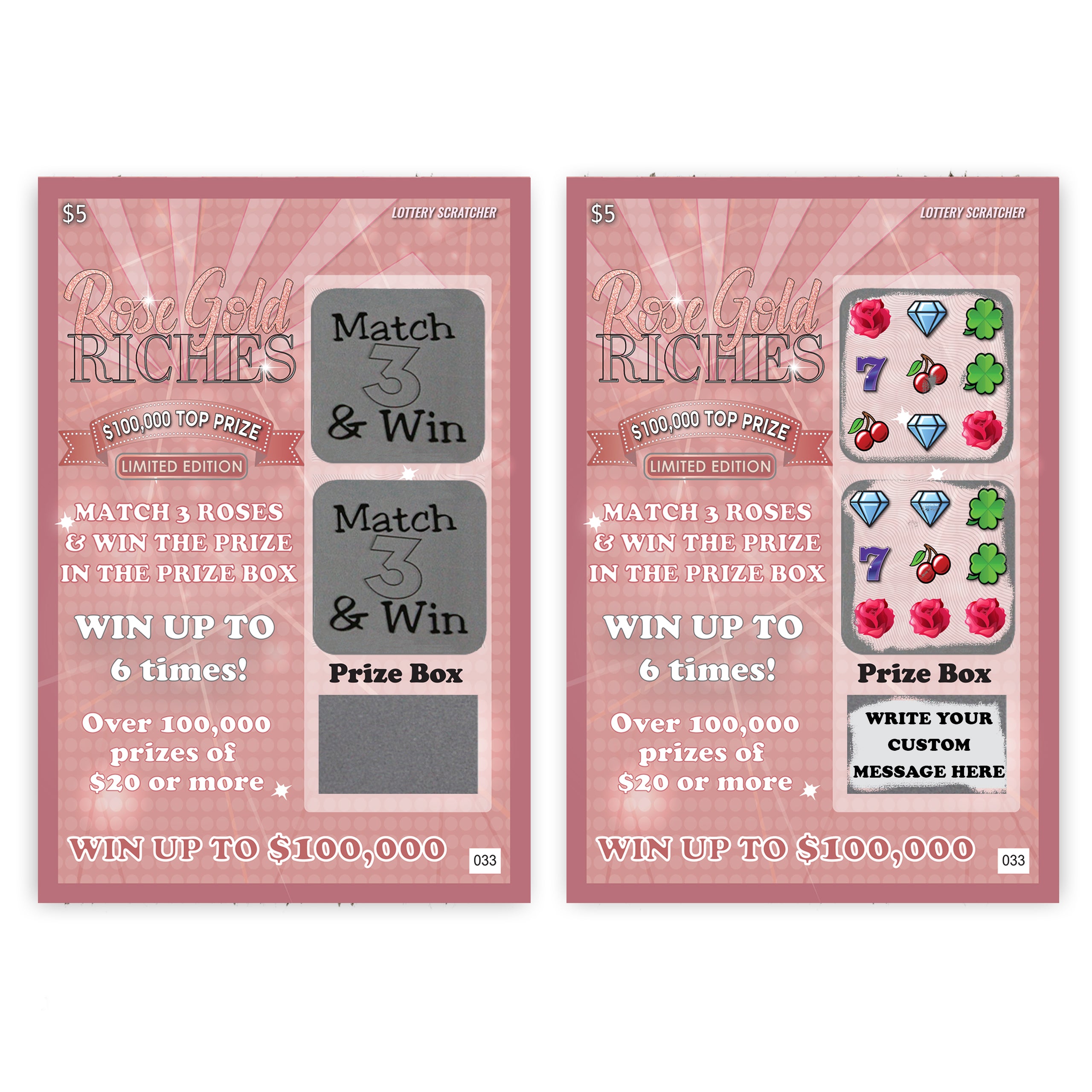CUSTOM Holiday Valentine's Day/Prom Rose Gold Riches Lotto Replica Scratch Off Card 4" x 6"