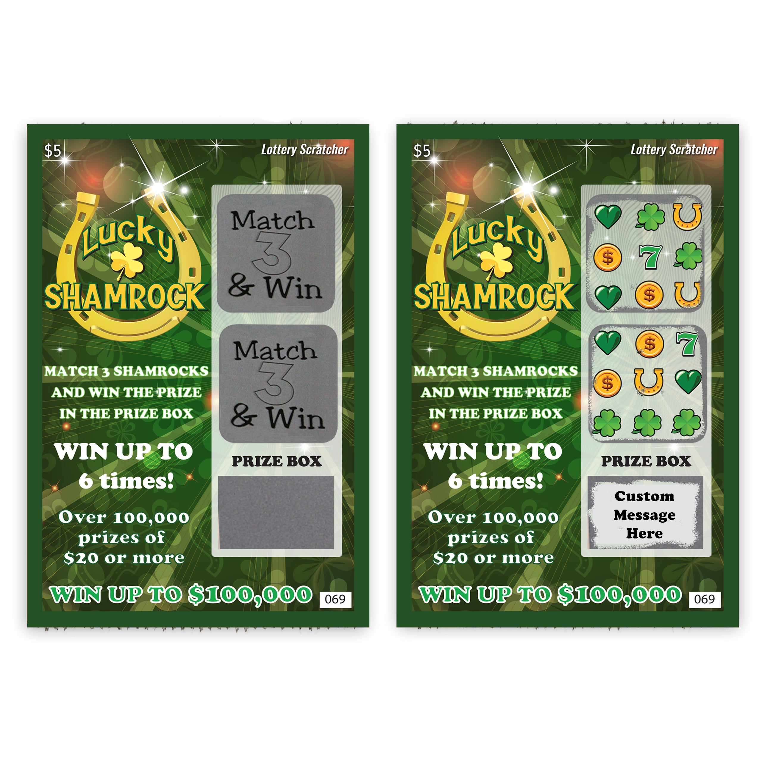 CUSTOM Holiday St. Patrick's Day Lucky Shamrock Lotto Replica Scratch Off Card 4" x 6"