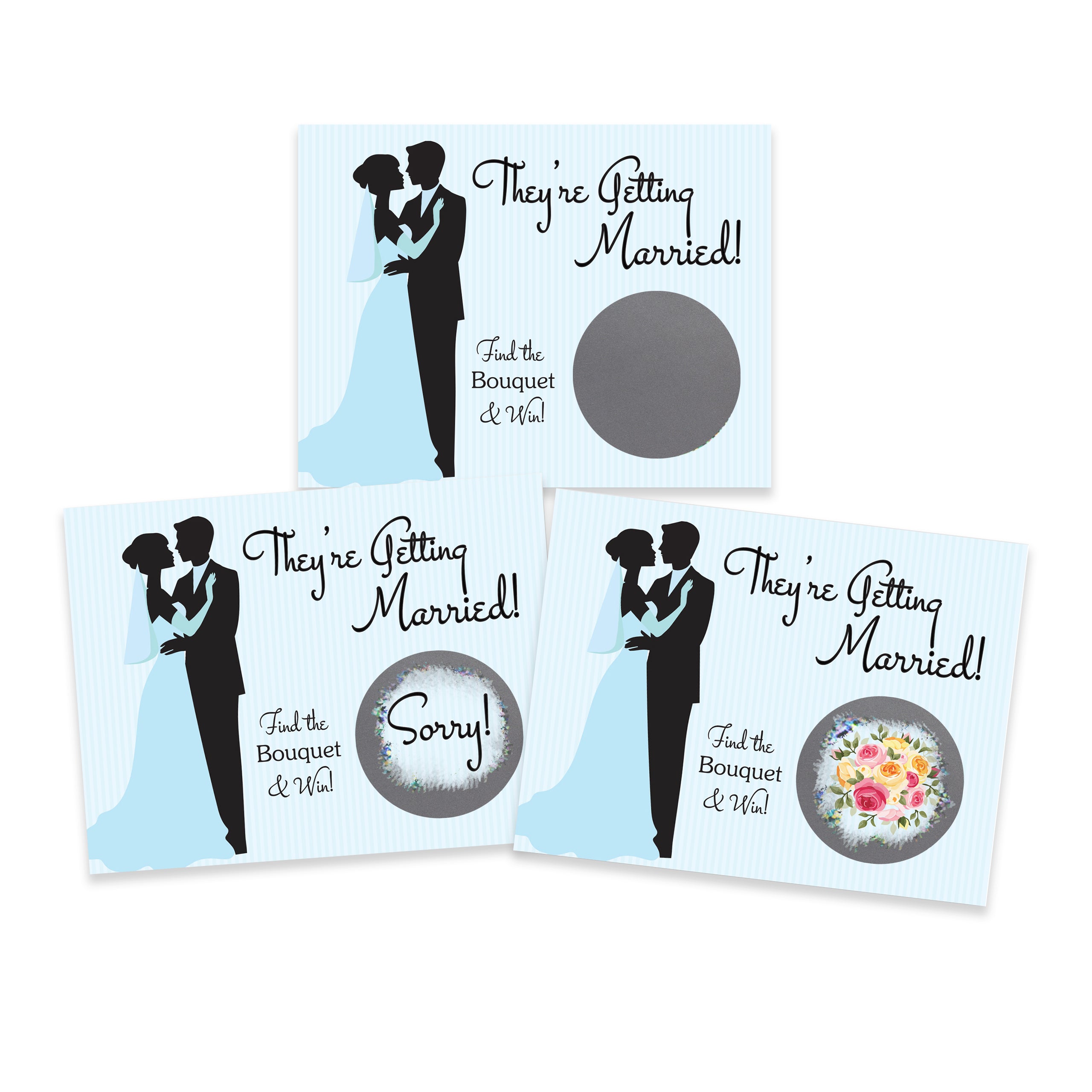 Bride & Groom Blue Pinstripe Getting Married Scratch Off Game Cards 26 Pack - 2 Winning and 24 Non-Winning Cards