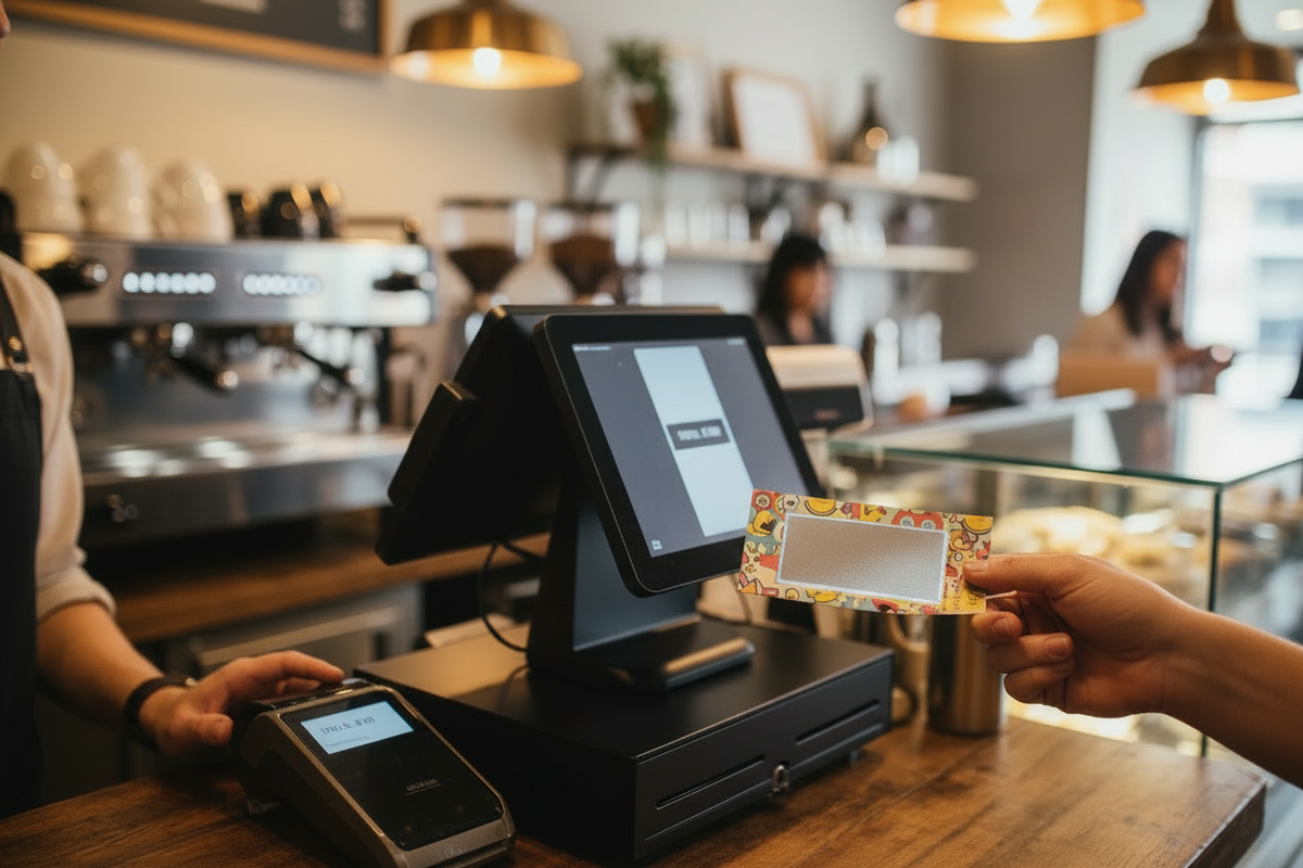 a scratch off card being handed to a customer at a coffee shop