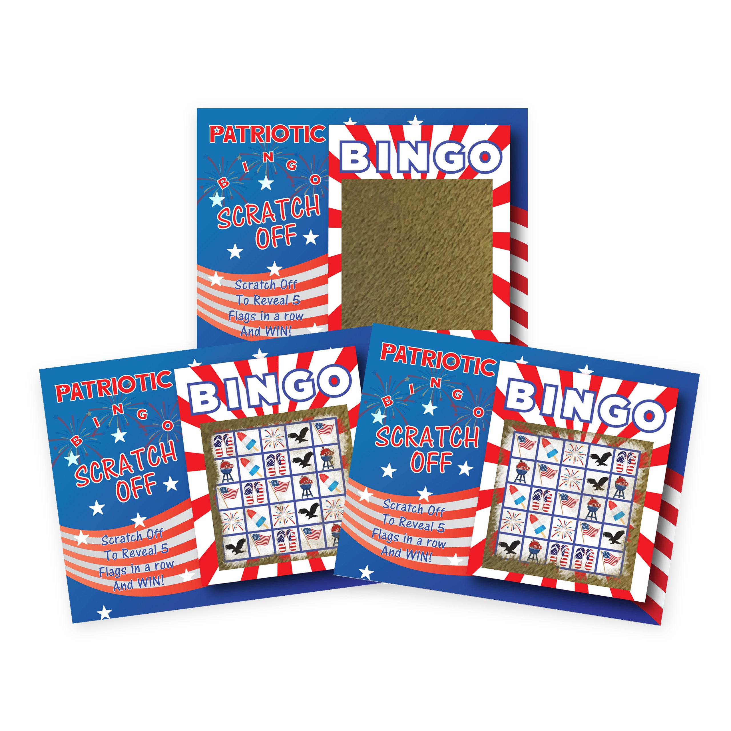 4th of July Patriotic BINGO "Reveal 5 Flags and Win" Scratch Off 26 Cards - My Scratch Offs