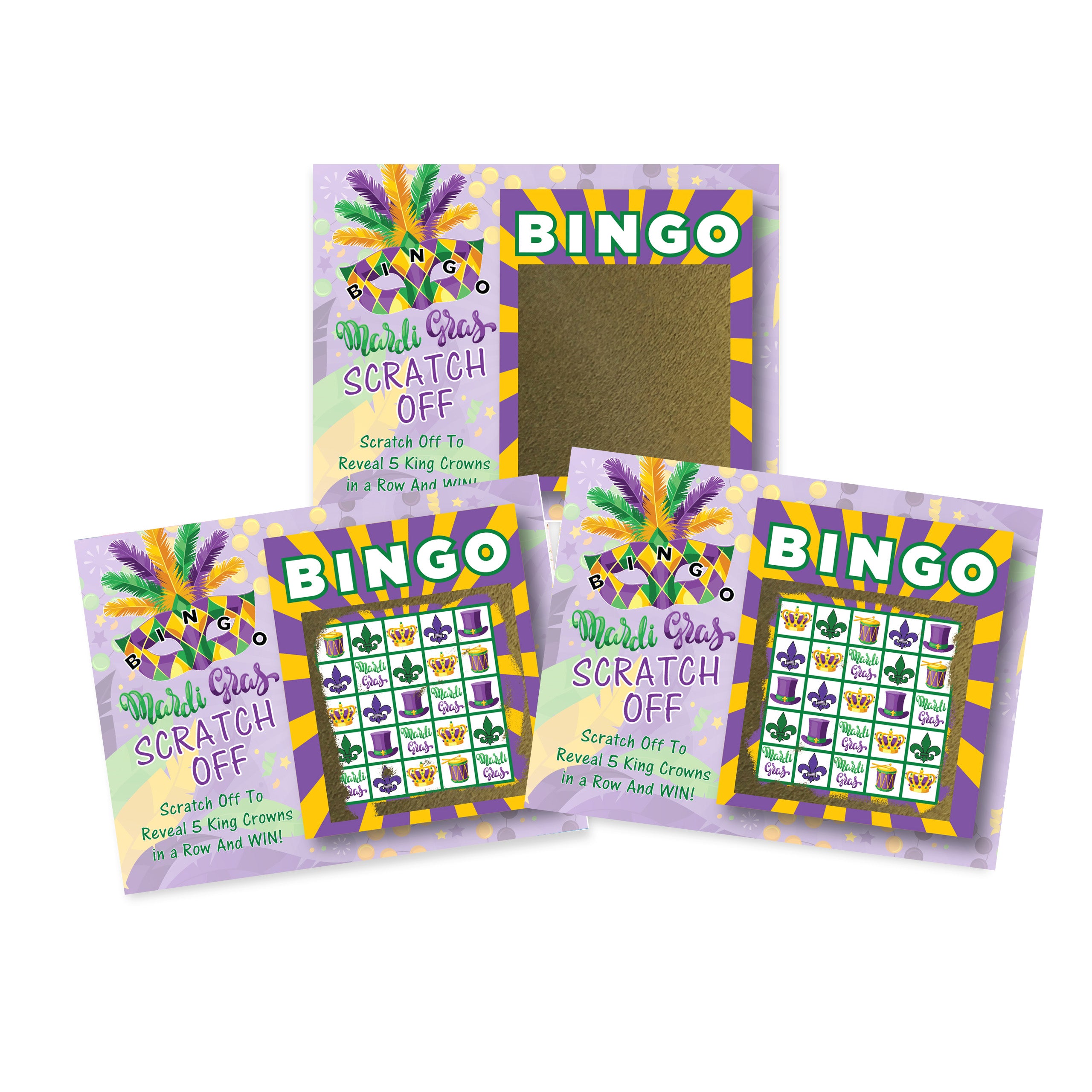 Mardi Gras Bingo Scratch Off Game 26 Pack - 2 Bingo and 24 Non-Bingo Cards - My Scratch Offs