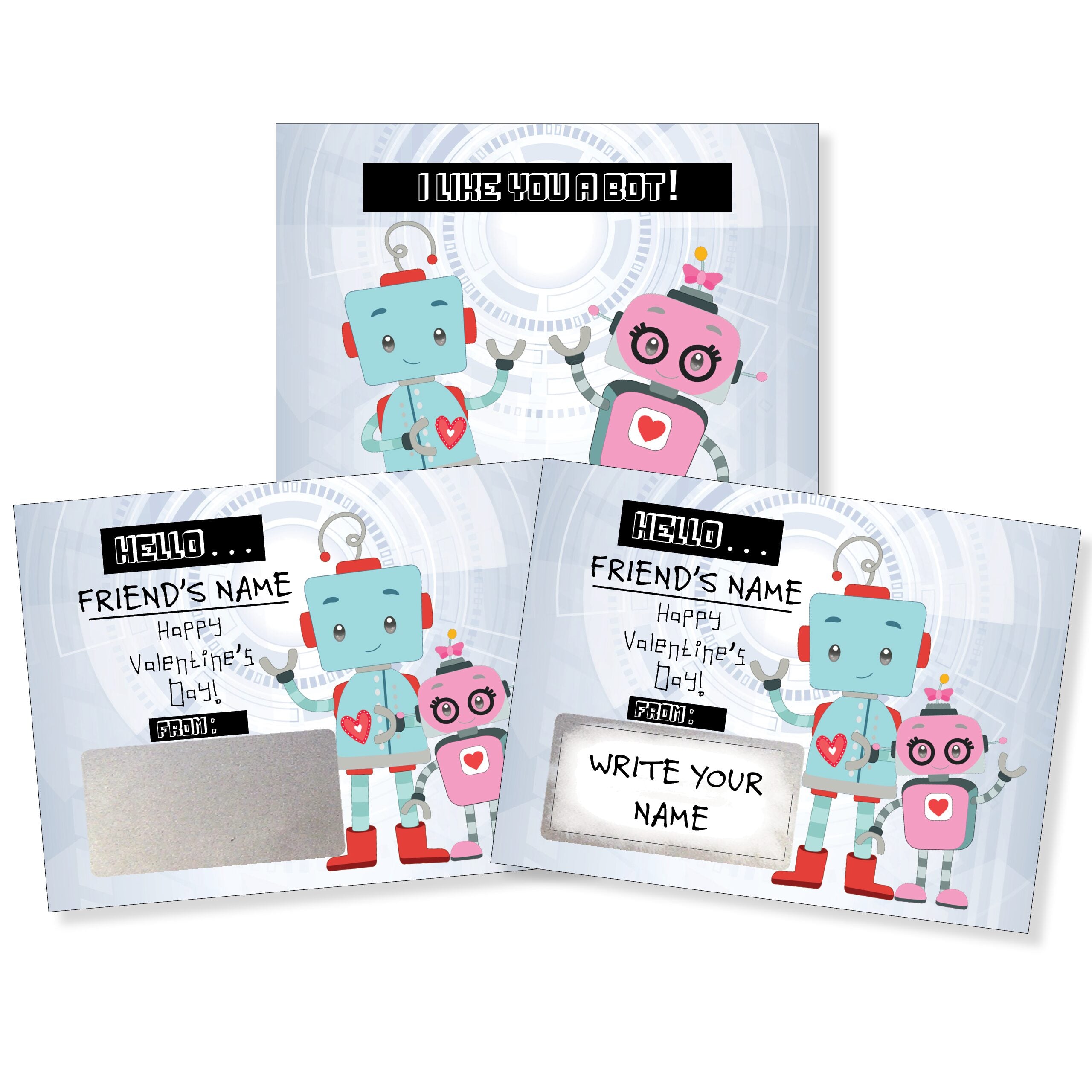 Valentine's Day Kit of 50 Cards - I Like You a Bot - My Scratch Offs