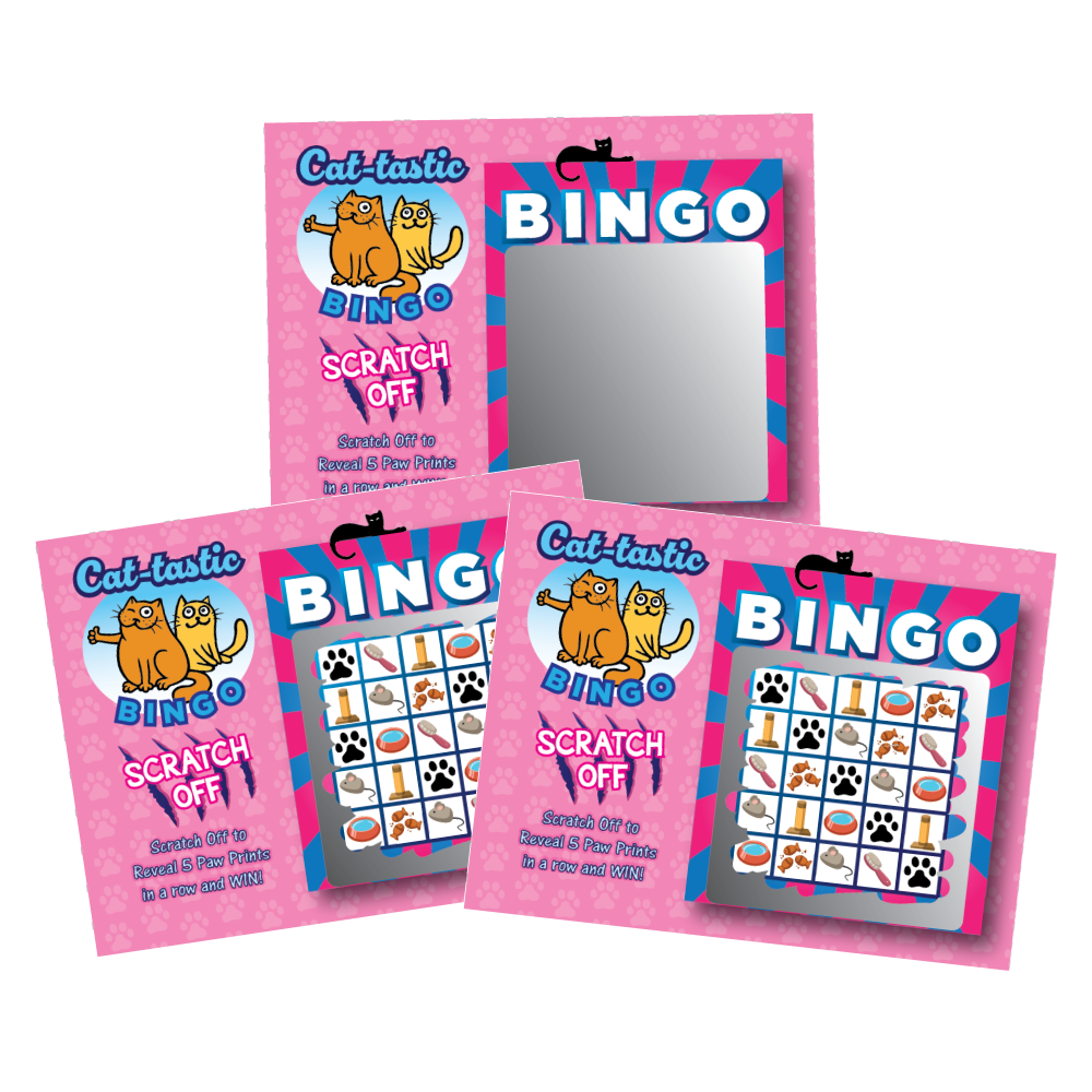 Cat Party Bingo Scratch Off Game Cards 50 Pack - 5 Bingo and 45 Non-Bingo Cards - My Scratch Offs