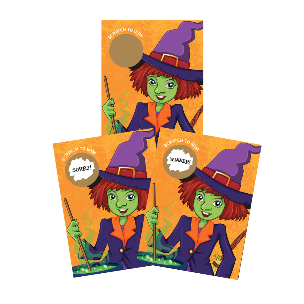 Halloween Cute Witch and Cauldron Scratch Off Game 50 Pack - 5 Winning and 45 Non-Winning Cards - My Scratch Offs