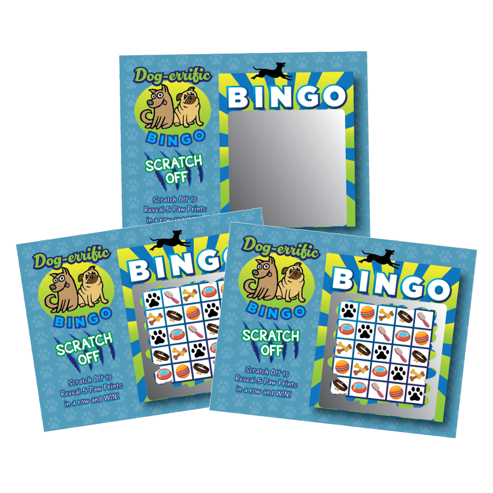 Dog Party Bingo Scratch Off Game Cards 50 Pack - 5 Bingo and 45 Non-Bingo Cards - My Scratch Offs