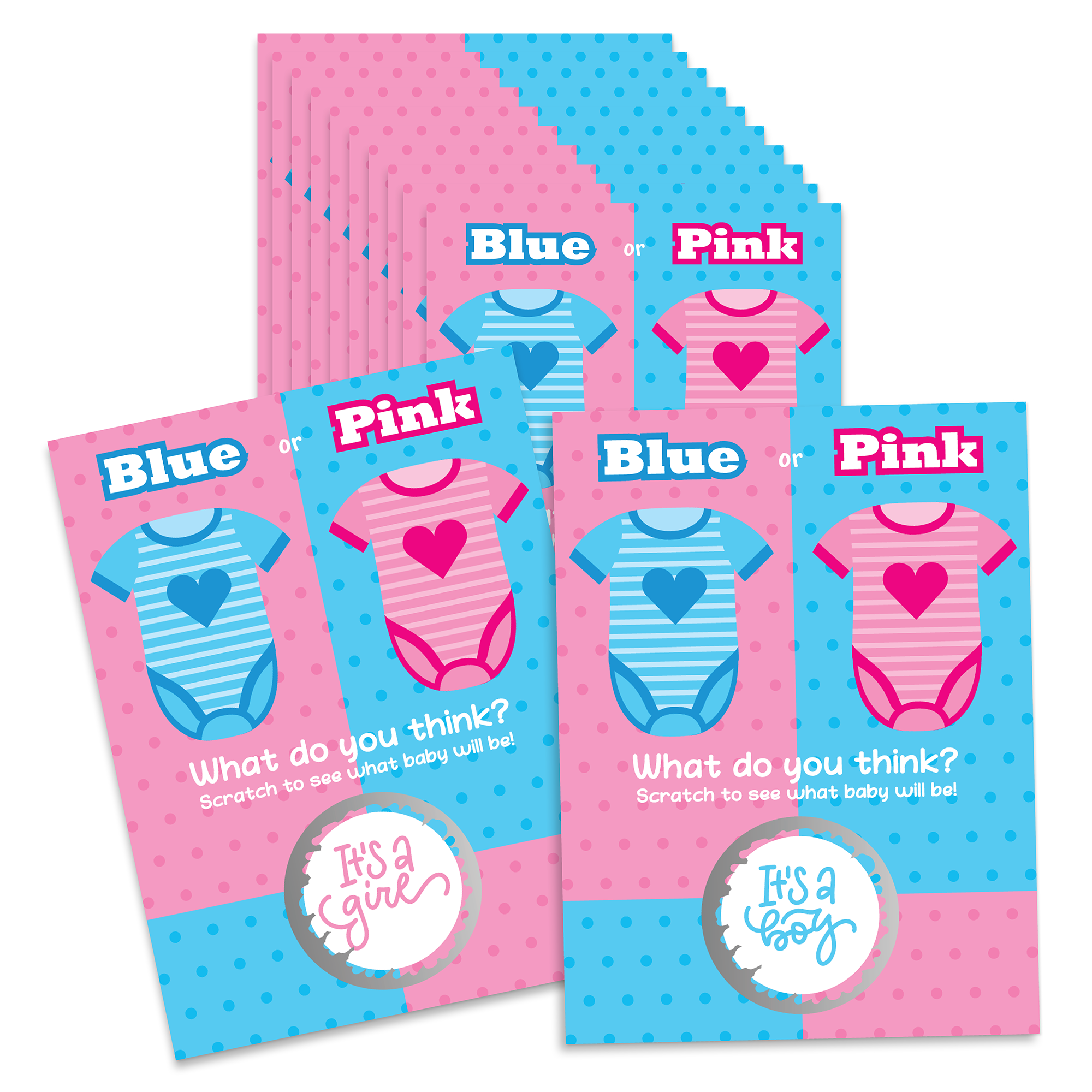 Blue or Pink Onesie What Do You Think Gender Reveal Scratch Off Card 25 Pack