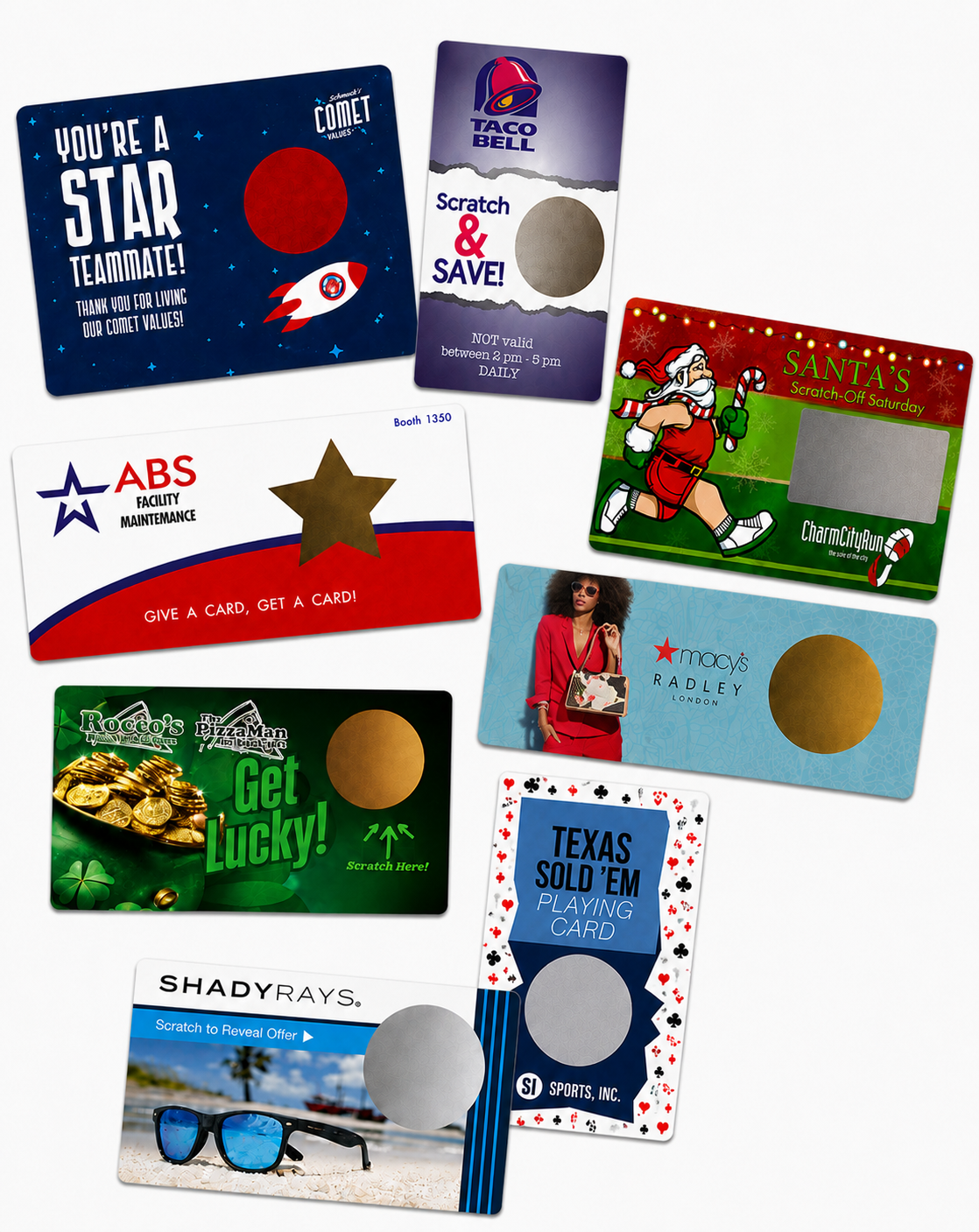 Eight custom scratch off card designs arranged in an overlapping business promotion collage